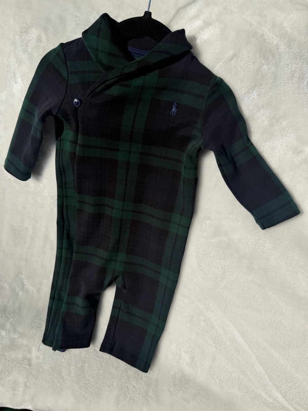 Authentic Ralph Lauren Black & Green Plaid Shawl Coverall Baby Boy One-Piece